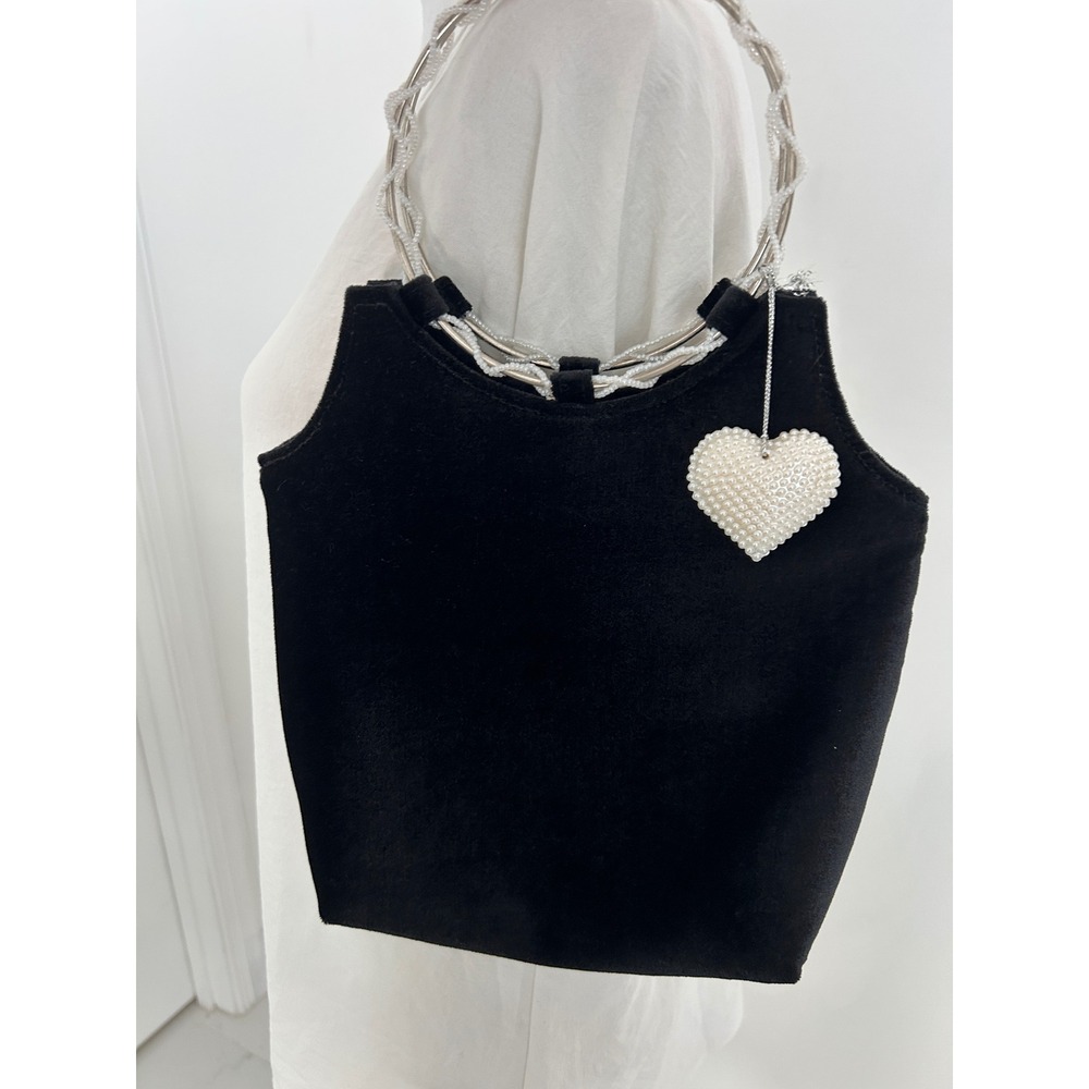 Victoria's Secret Black Velvet Evening Bag Beadedβ Ring Handle Pearl Heart Charm